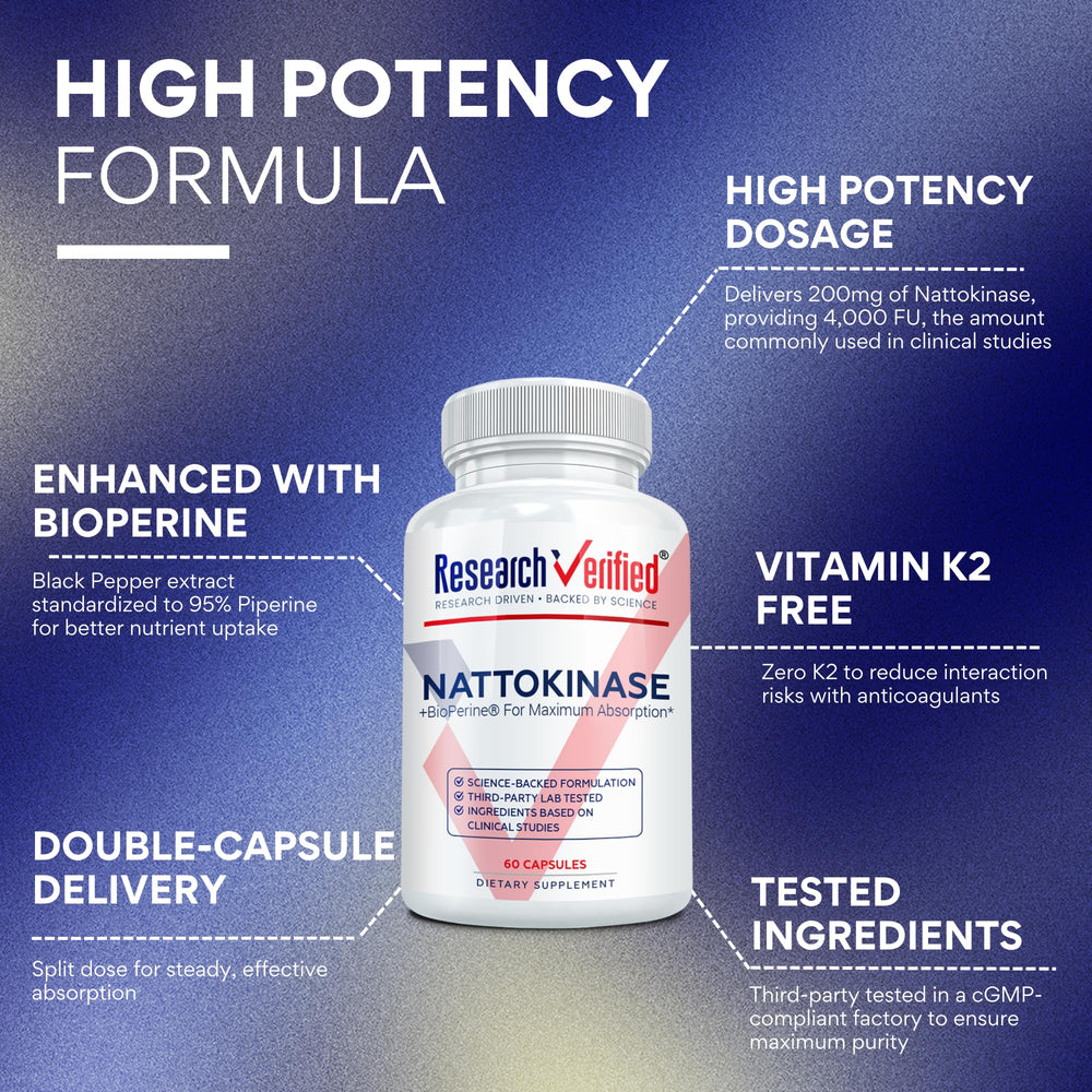 Research Verified Nattokinase box packaging highlighting vegan-friendly formula.