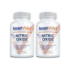 Research Verified Nitric Oxide bottle front with capsules for potential workout support.