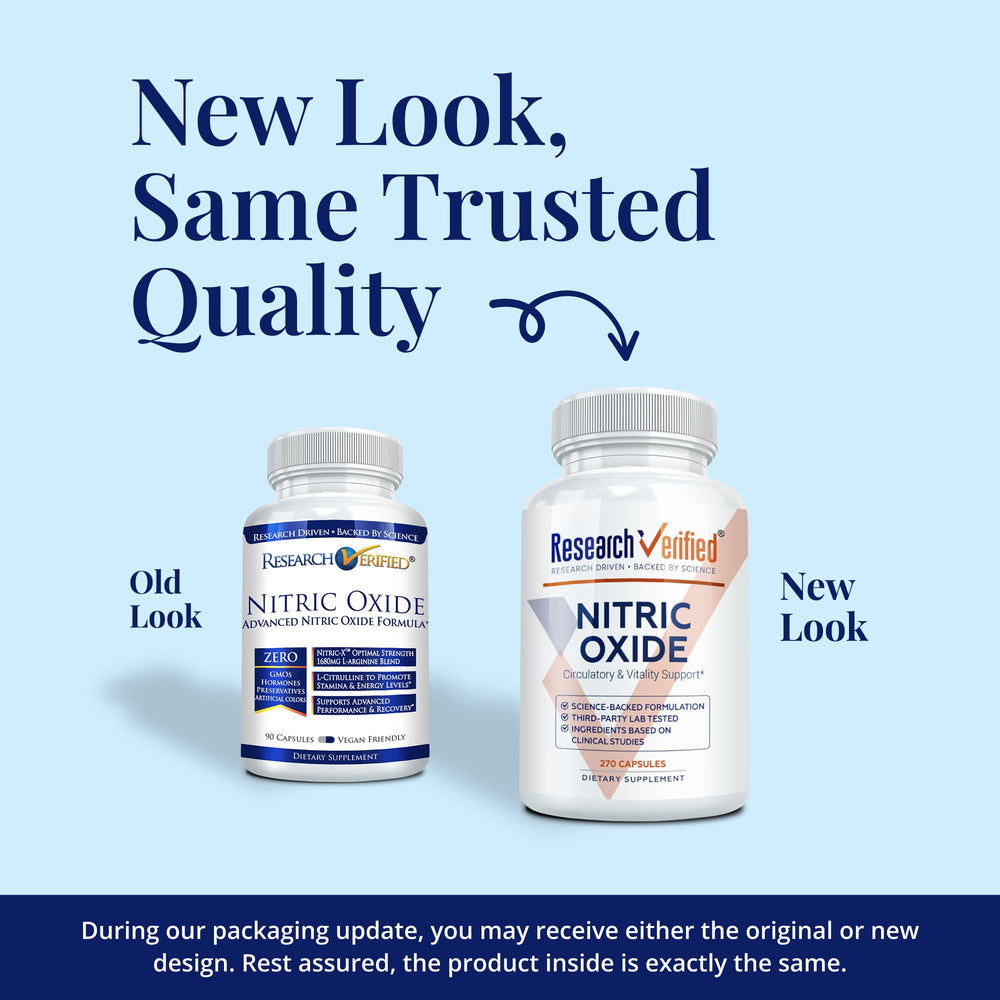 Research Verified Nitric Oxide label close-up highlighting premium formula details.