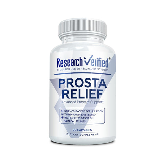 Research Verified Prosta Relief bottle showing Saw Palmetto for prostate support and daily wellness.