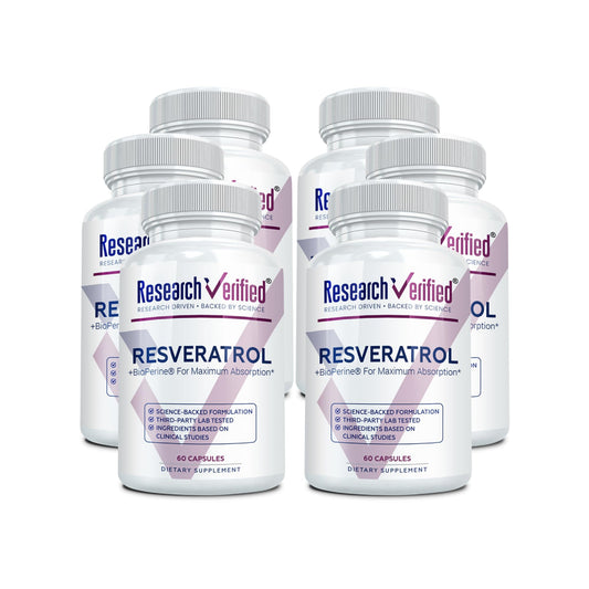Research Verified Resveratrol bottle front view with premium packaging and anti-aging potential.