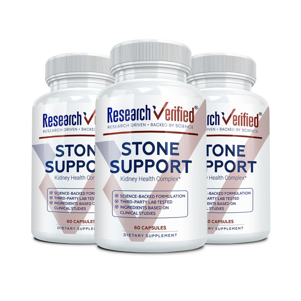Research Verified Stone Support bottle packaging highlighting vegan formula for stone management
