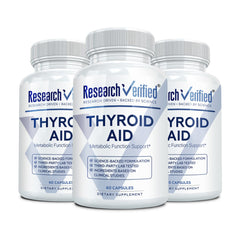 Research Verified Thyroid Aid bottle front with clear label for reliable thyroid support.
