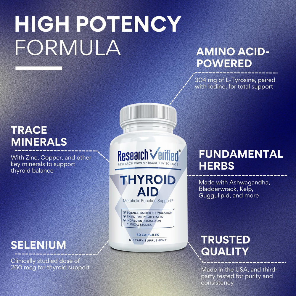 Research Verified Thyroid Aid label view highlighting vegan-friendly formula.