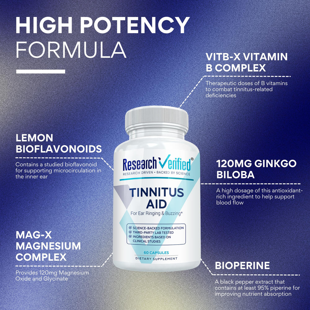 Research Verified Tinnitus Aid label close-up highlighting vegan and non-GMO status