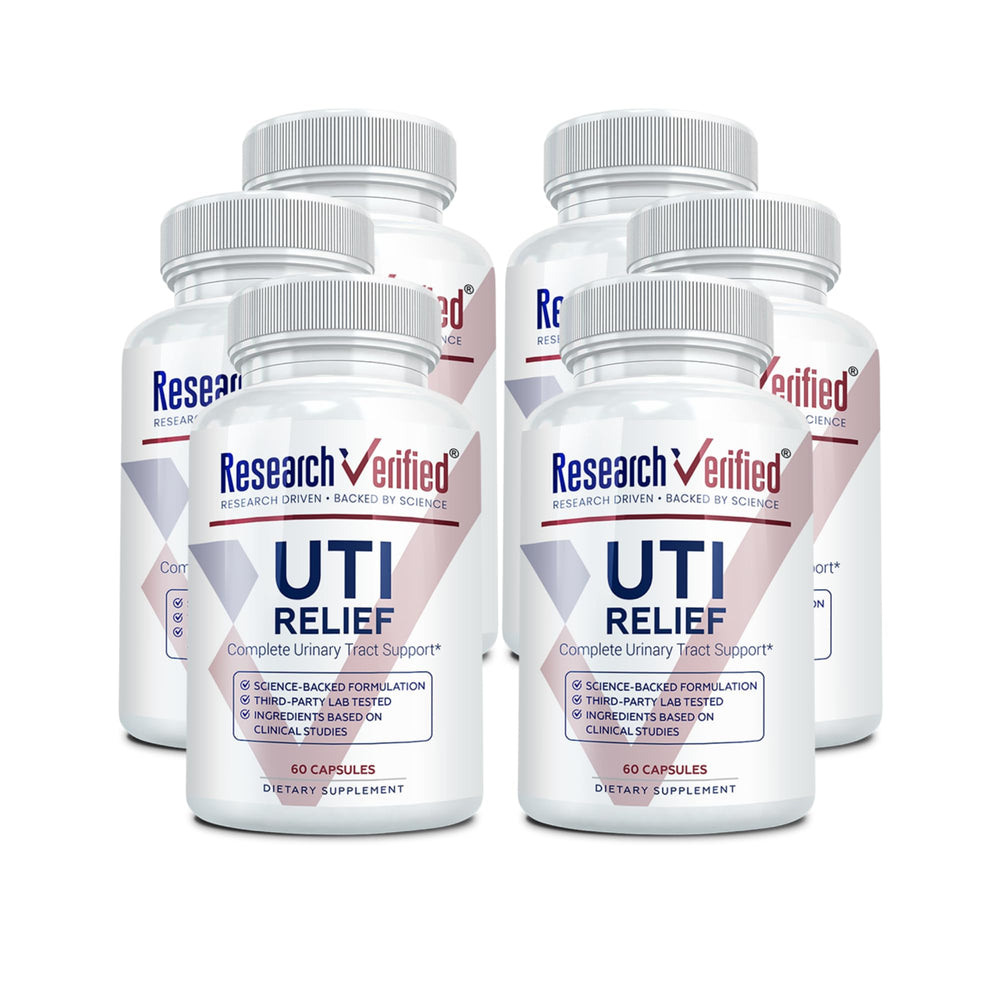 Research Verified UTI Relief bottle front with vegan capsules for urinary support.
