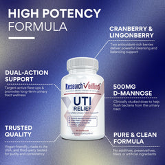 Research Verified UTI Relief label shows cranberry and lingonberry blend for urinary wellness.