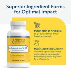 Researched Nutritionals Artemisinin SOD bottle on table conveys everyday wellness routine.