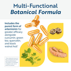 Researched Nutritionals Artemisinin SOD label closeup showcases ingredients and purity indicators.