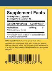 The Researched Nutritionals Artemisinin Solo label highlights vegan, non-GMO ingredients.
