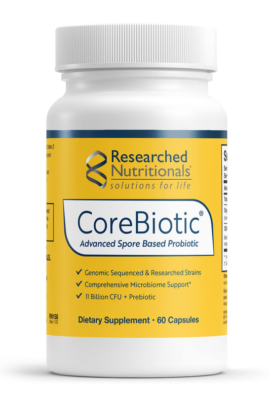 CoreBiotic capsules with spore-based strains for gut balance.
