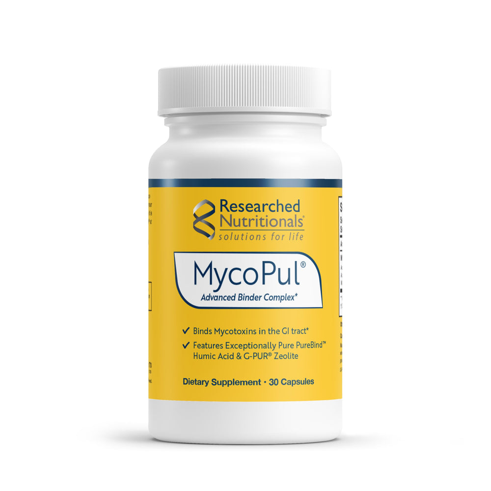 Researched Nutritionals MycoPul bottle front showing multi-binder gut support potential