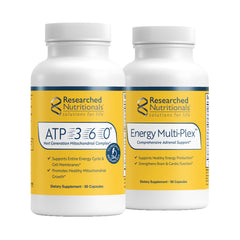 Researched Nutritionals Optimized Energy Duo bottle front for daily energy support.