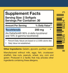 Annatto-sourced tocotrienol label close-up emphasizing non-GMO and allergen transparency.