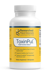 Researched Nutritionals ToxinPul bottle-front view highlighting detox support for liver and kidneys.