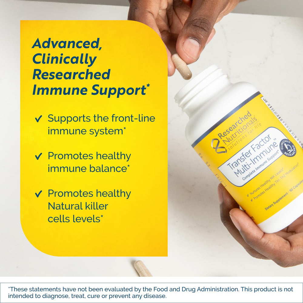 Researched Nutritionals Transfer Factor Multi-Immune bottle front for easy daily dosing