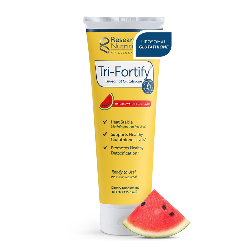 Researched Nutritionals Tri-Fortify bottle pour showing easy antioxidant support