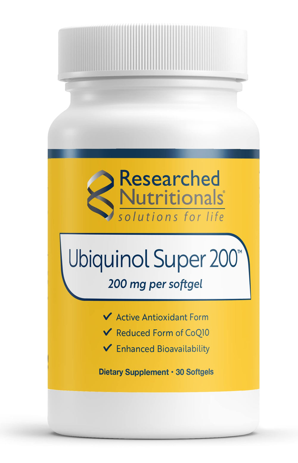 Researched Nutritionals Ubiquinol Super 200 bottle with antioxidant-friendly softgels.