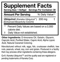 Close-up of Researched Nutritionals Ubiquinol Super 200 softgels for daily energy support.