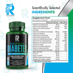 DiaChoice bottle label close-up highlighting ALA and vitamins for nerve health