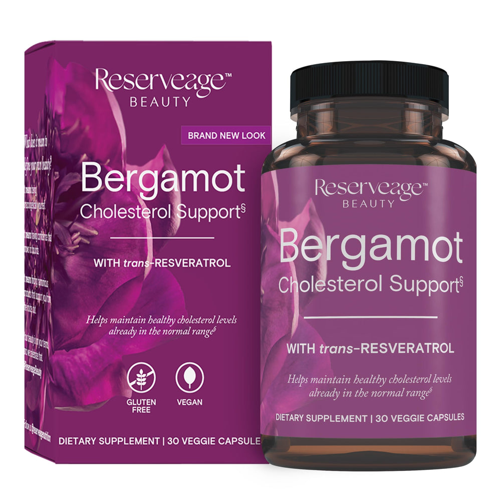 Reserveage Beauty bergamot bottle: antioxidant blend for daily lipid balance support.