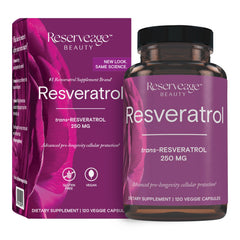 Reserveage Beauty Resveratrol bottle for daily vegan antioxidant support.