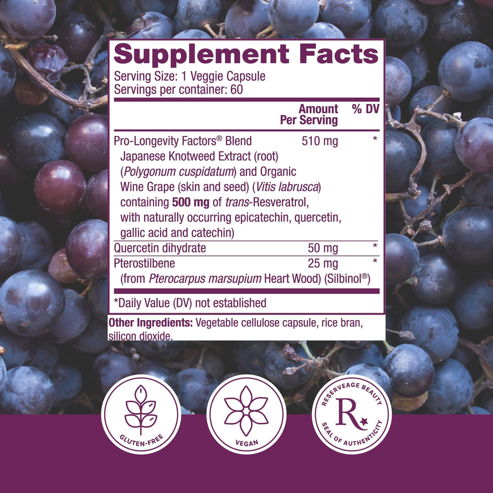 Reserveage Beauty resveratrol capsules close-up for easy daily wellness.