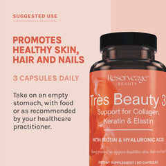 Tres Beauty 3 indicates potential benefits for skin, hair and nails in a daily routine.