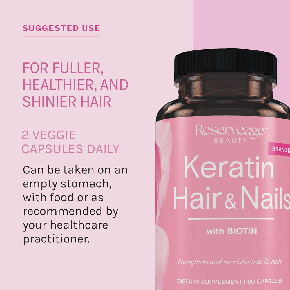 Product image showing hair and nails context with Reserveage Keratin Booster for healthy growth.