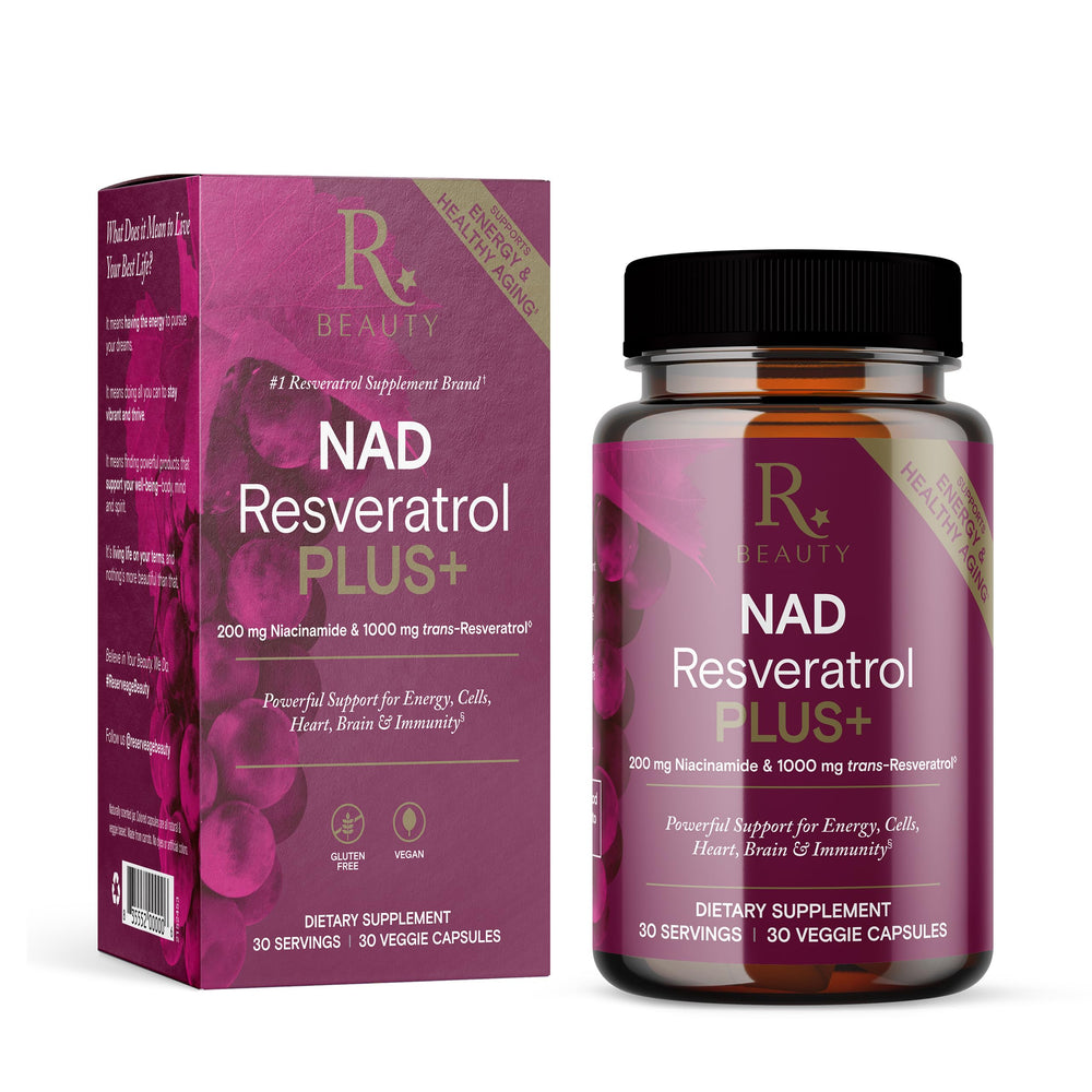 Reserveage NAD Resveratrol Plus+ bottle front for daily antioxidant support.