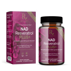 Reserveage NAD Resveratrol Plus+ bottle front for daily antioxidant support.