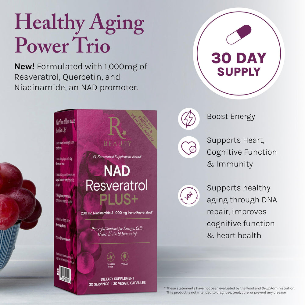 Reserveage NAD Resveratrol Plus+ capsules closeup for easy daily use.