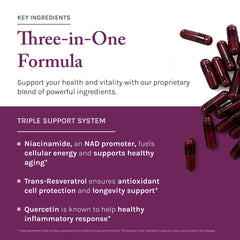 Reserveage NAD Resveratrol Plus+ bottle on counter with leafy greens.