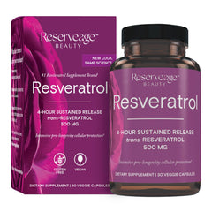 Reserveage Beauty Resveratrol bottle front showing antioxidant support potential for healthy aging