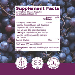 Reserveage Beauty Resveratrol 1000 mg bottle label showing key ingredients blend