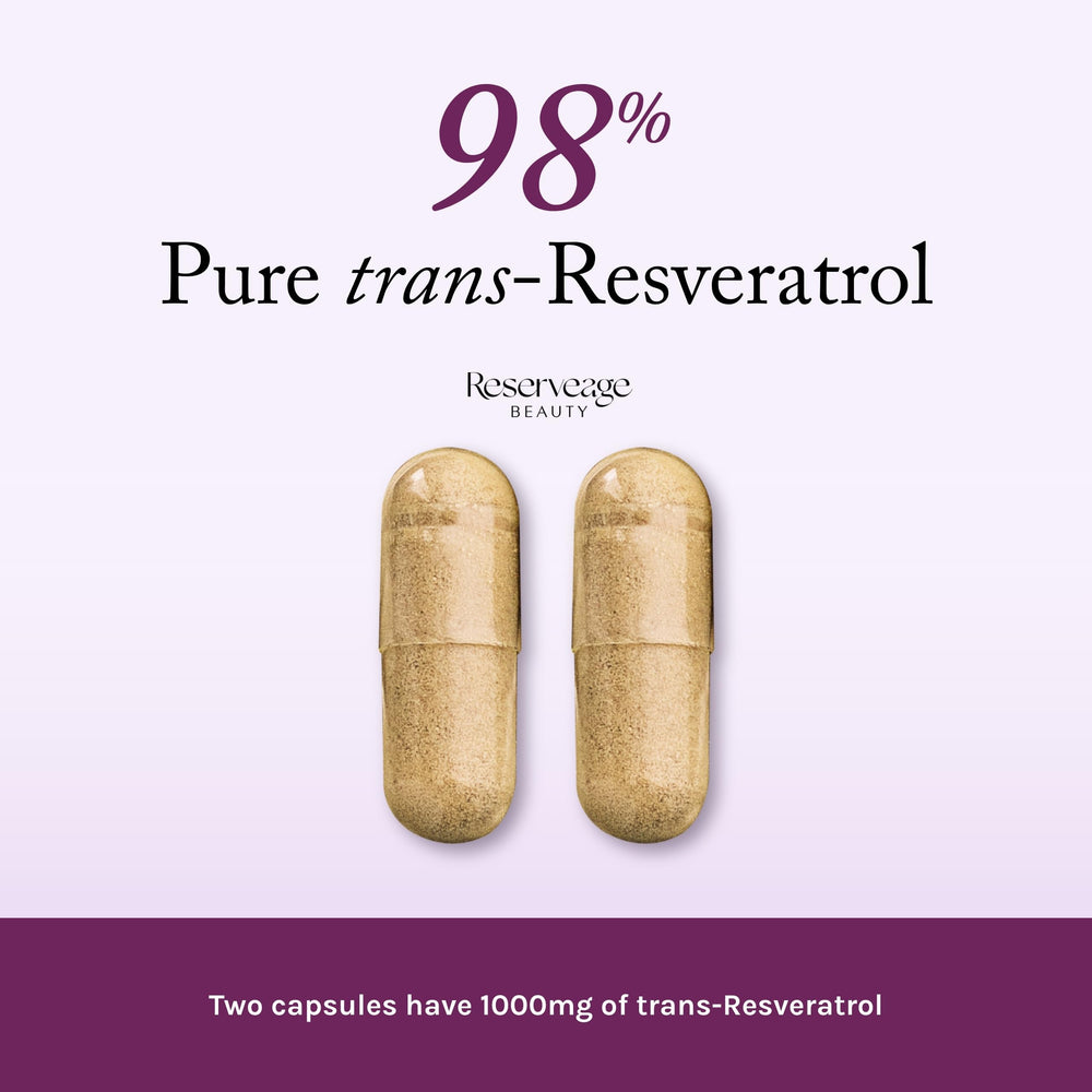 Reserveage Beauty Resveratrol 1000 mg capsules shown as veggie capsules