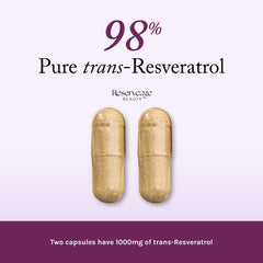 Reserveage Beauty Resveratrol 1000 mg capsules shown as veggie capsules