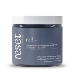 Reset Wellness M3+ bottle shows a balanced magnesium blend for calmer evenings and smoother sleep.