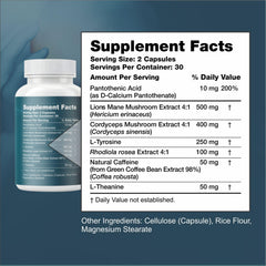 Reset+Rise nootropic capsules close-up showing vegan, non-GMO formula