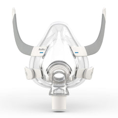 ResMed AirFit F20 frame close-up emphasizes secure fit for full-face CPAP users.