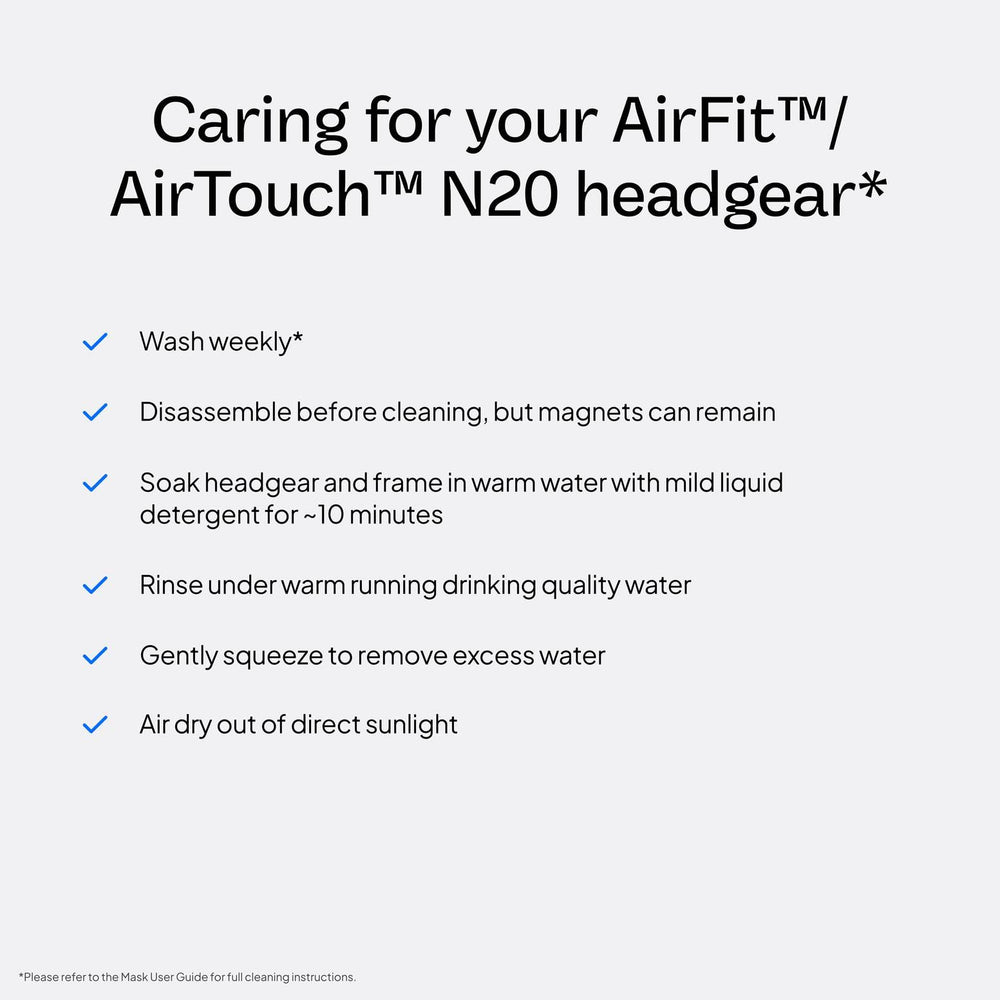 ResMed AirFit N20 headgear adjustable strap enables custom alignment.