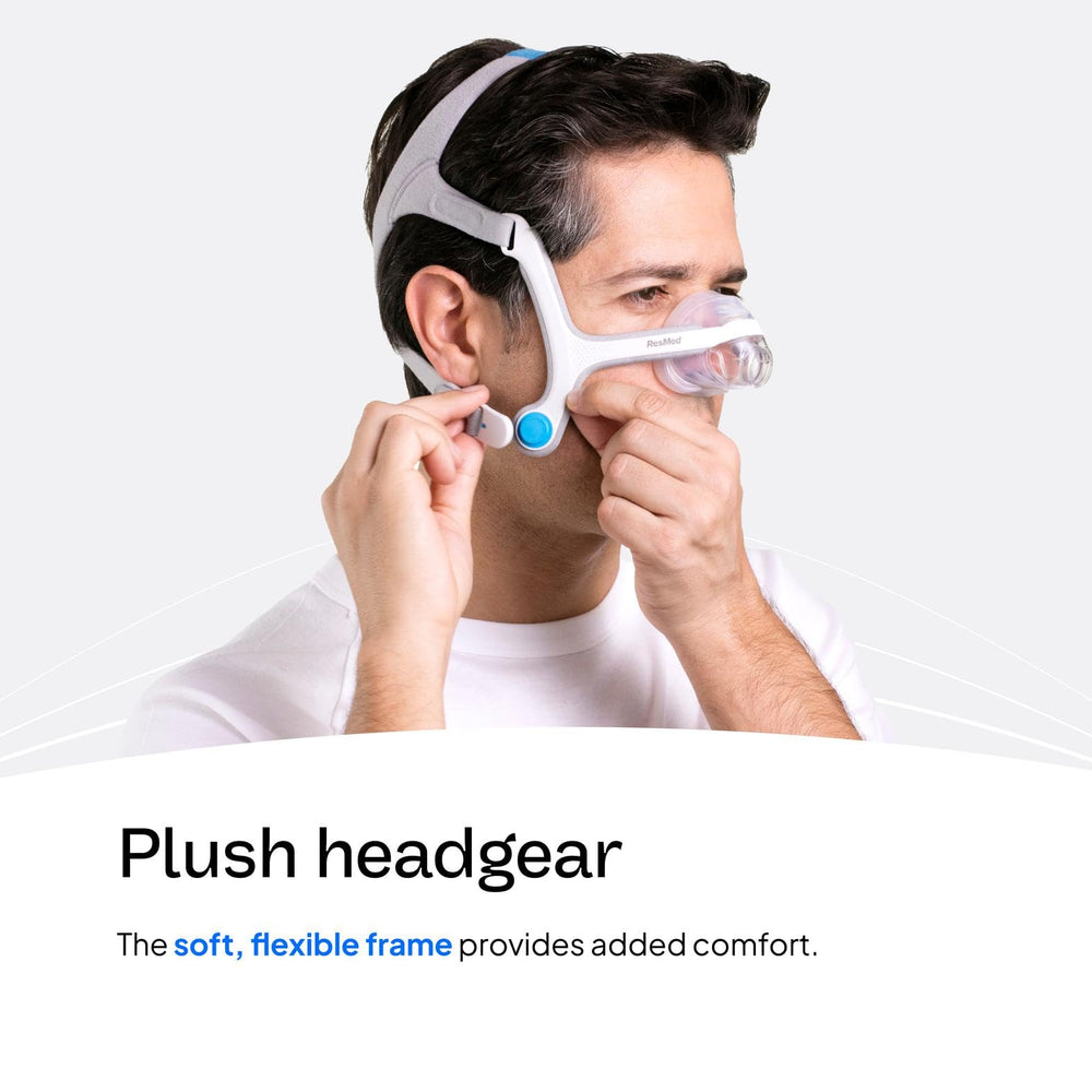 ResMed AirFit N20 headgear close-up shows soft material for gentle wear.