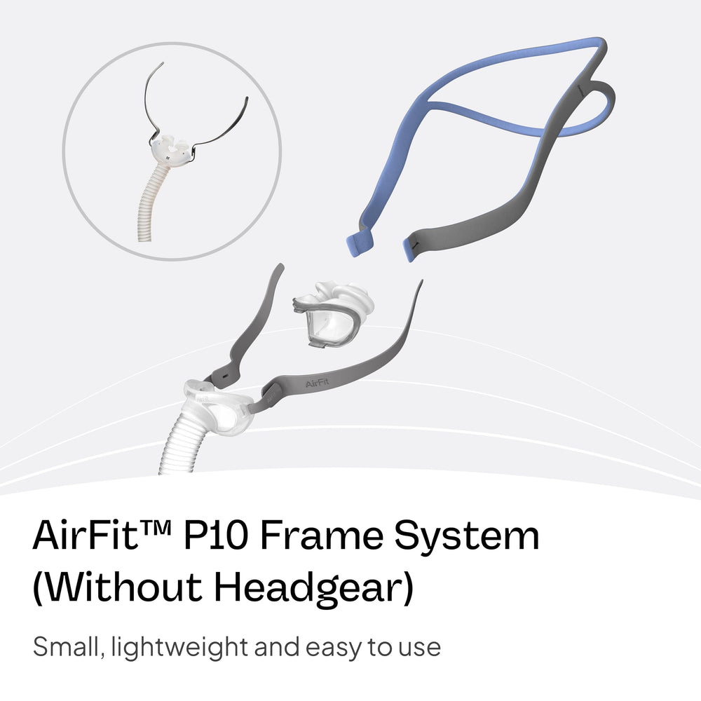 ResMed AirFit P10 nasal pillows cushion highlighting soft seal for quiet nights.