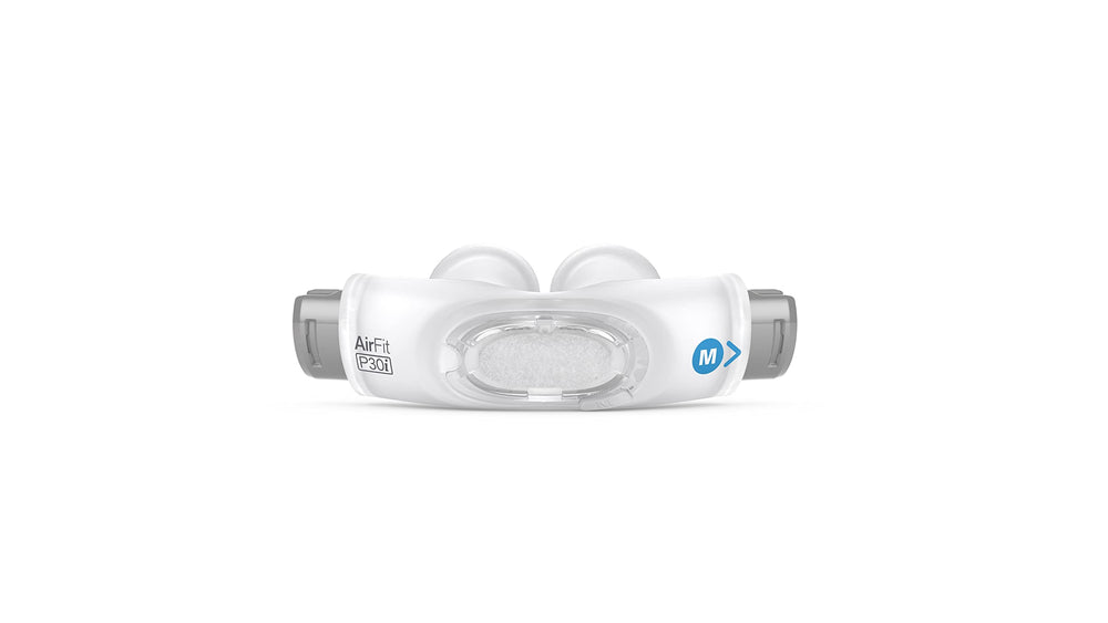 ResMed AirFit P30i nasal pillow cushion close-up shows soft silicone for a comfortable seal.