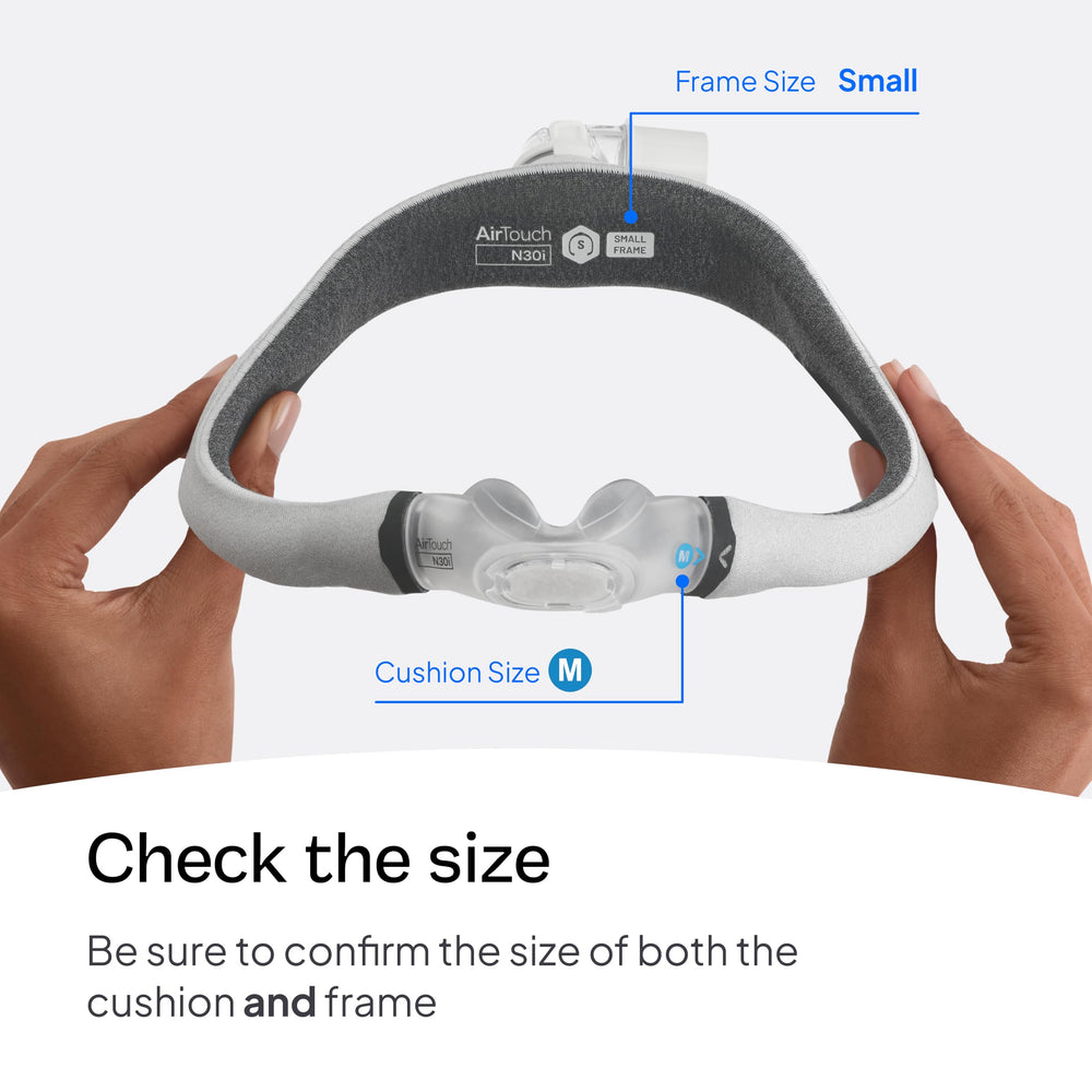 ResMed AirTouch N30i ComfiSoft nasal cushion blends fabric and silicone for a soft, natural feel.