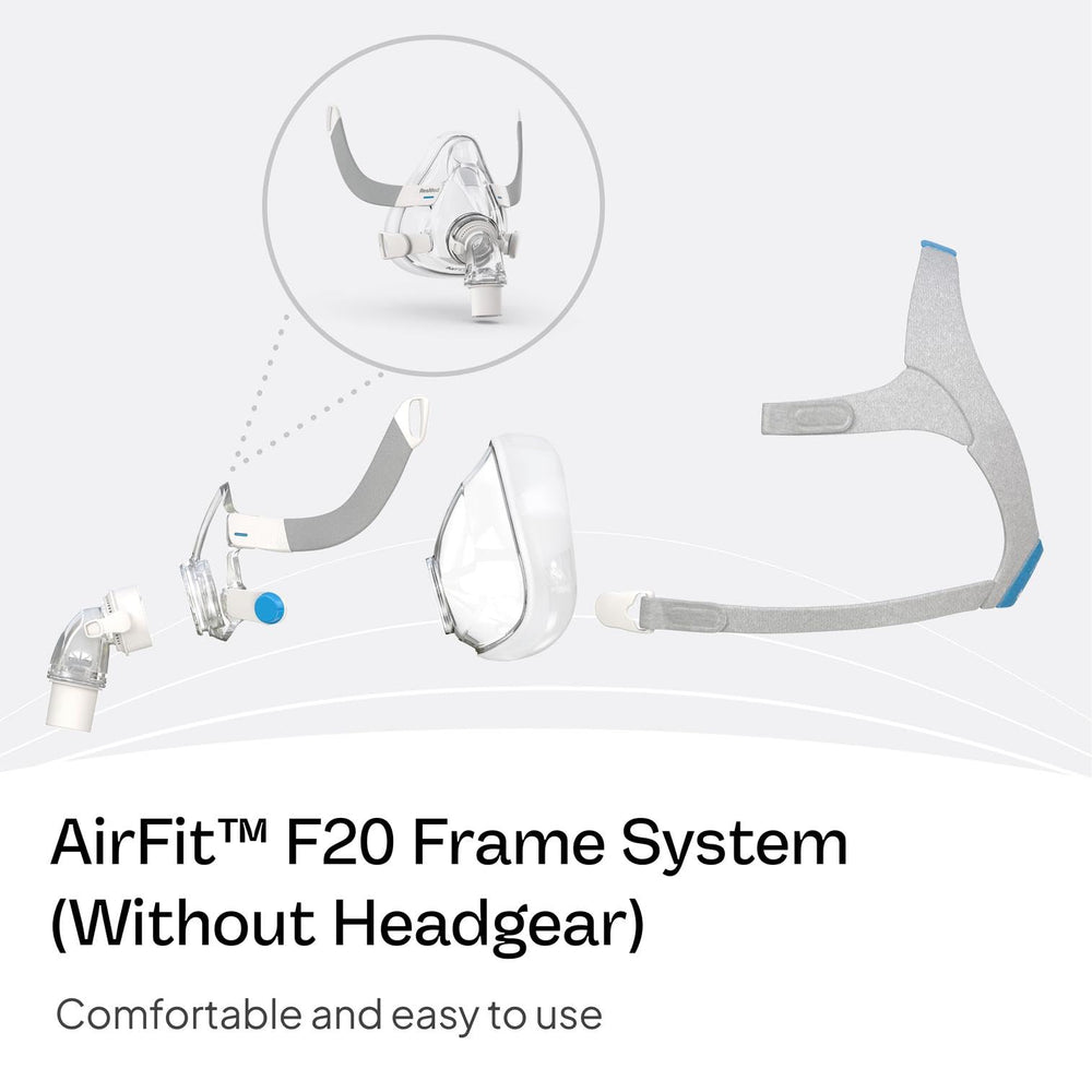 ResMed AirFit F20 frame connects easily to magnetic clips and quick-release elbow.