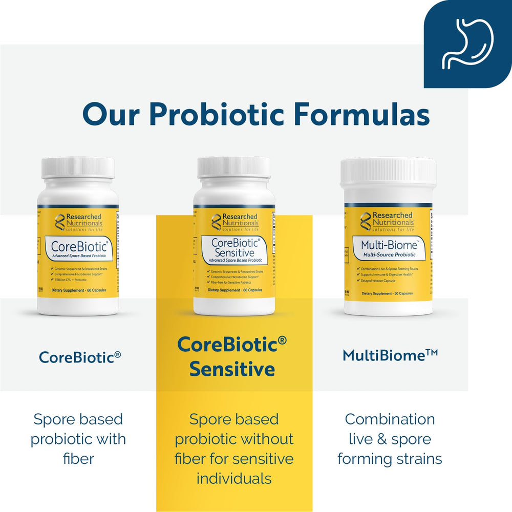 Researched Nutritionals CoreBiotic Sensitive capsules on a white background, suggesting a non-GMO vegan formulation.