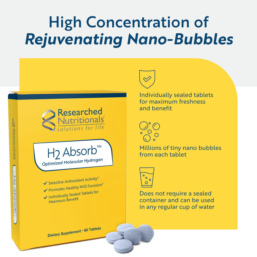 H2 Absorb glass of water and tablet setup shows ready-to-use hydration.