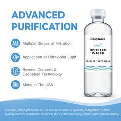RespWave USA-made distilled water ensures safe, odor-free humidification on the go.