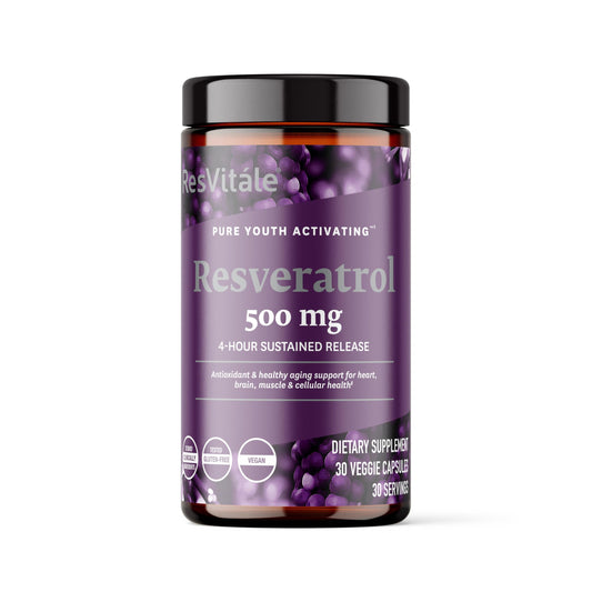ResVitale Resveratrol 500 mg bottle shown for daily antioxidant support